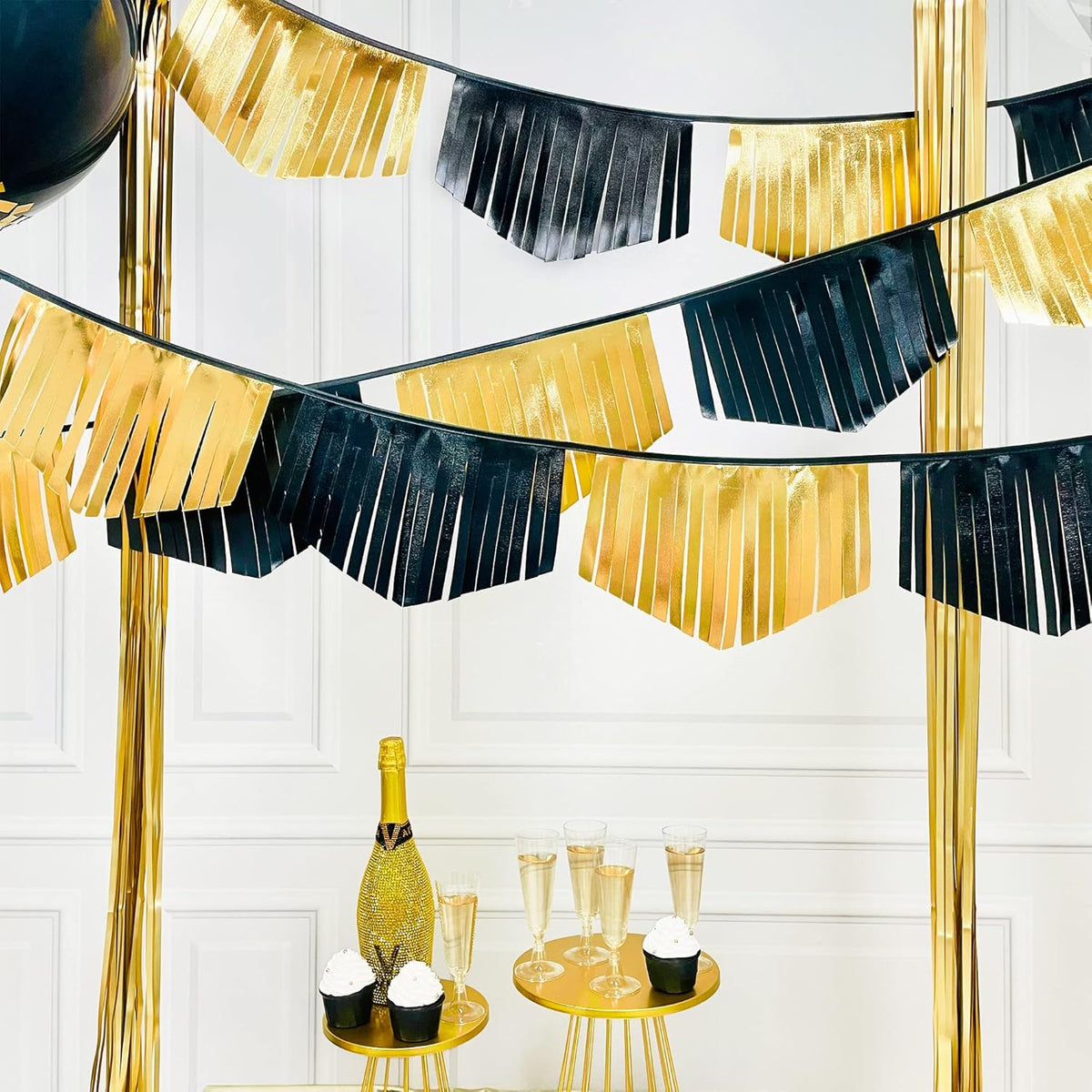 Black and Gold Tassel Banner Double Sided Metallic Fabric Pennant Bunting Flag Garland for