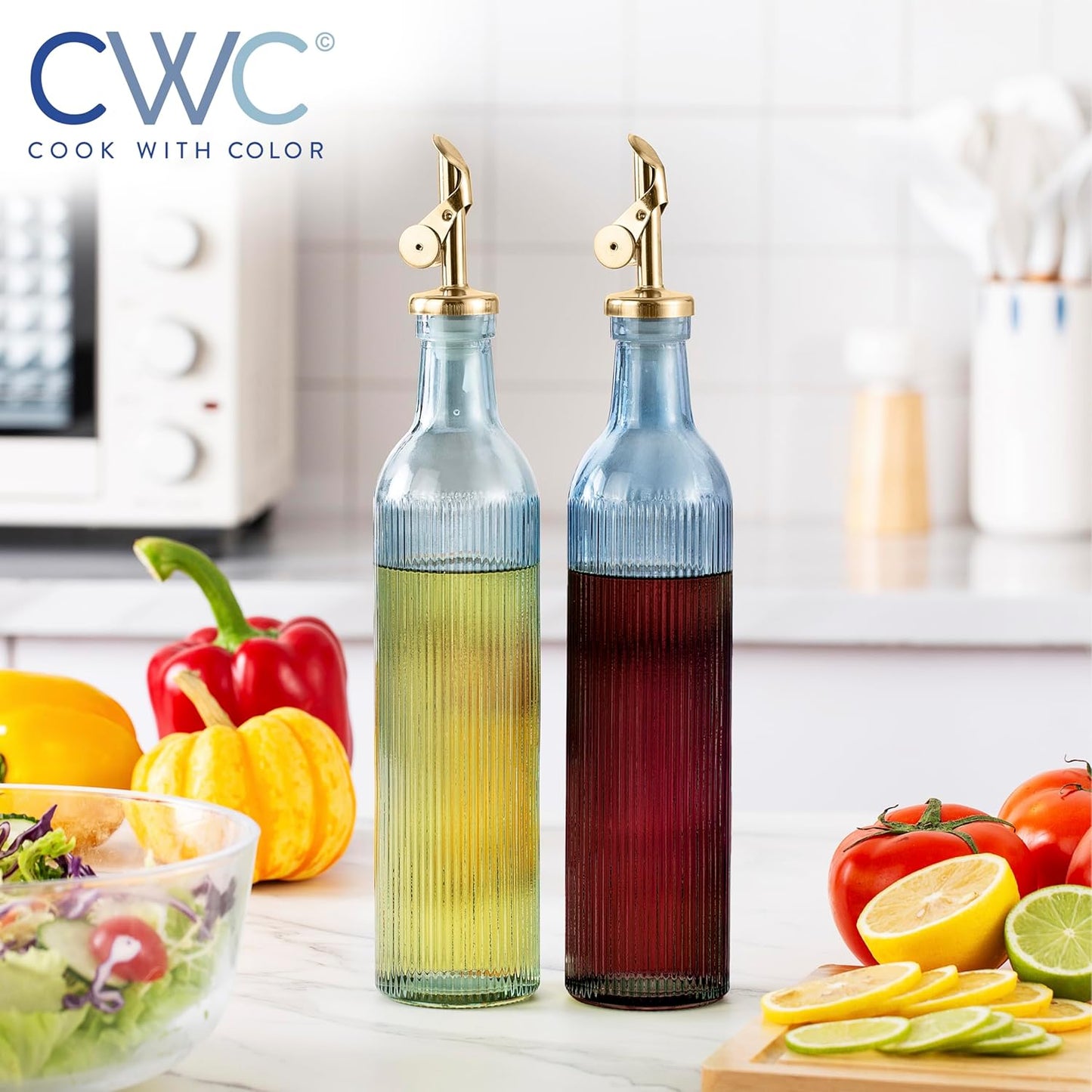 COOK WITH COLOR Glass Olive Oil Bottle Dispenser - 2 Pack- 17oz Oil and Vinegar Cruet - Olive Oil