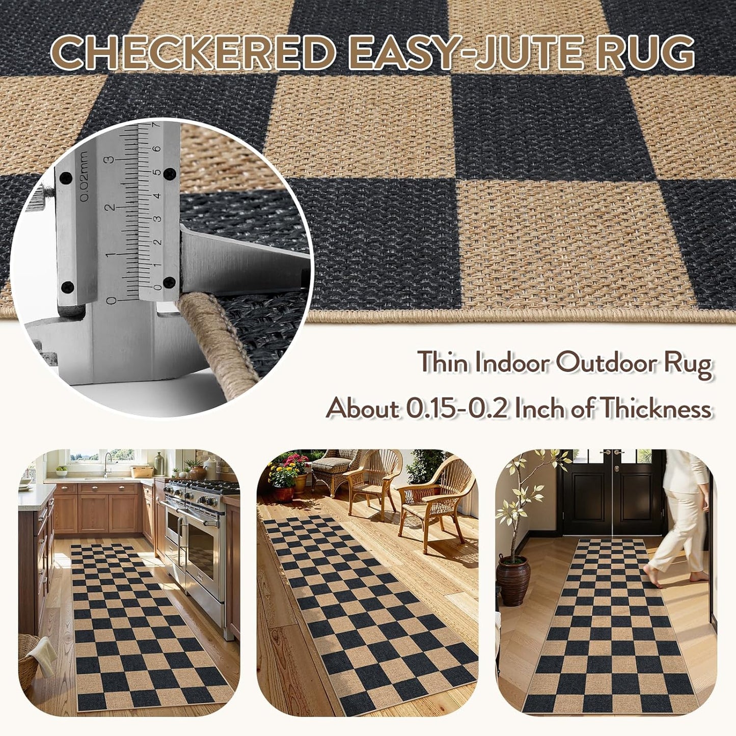 Lahome Checkered Easy Jute Runner Rug, 2x8 Kitchen Rug Non Slip Washable Outdoor Runner for