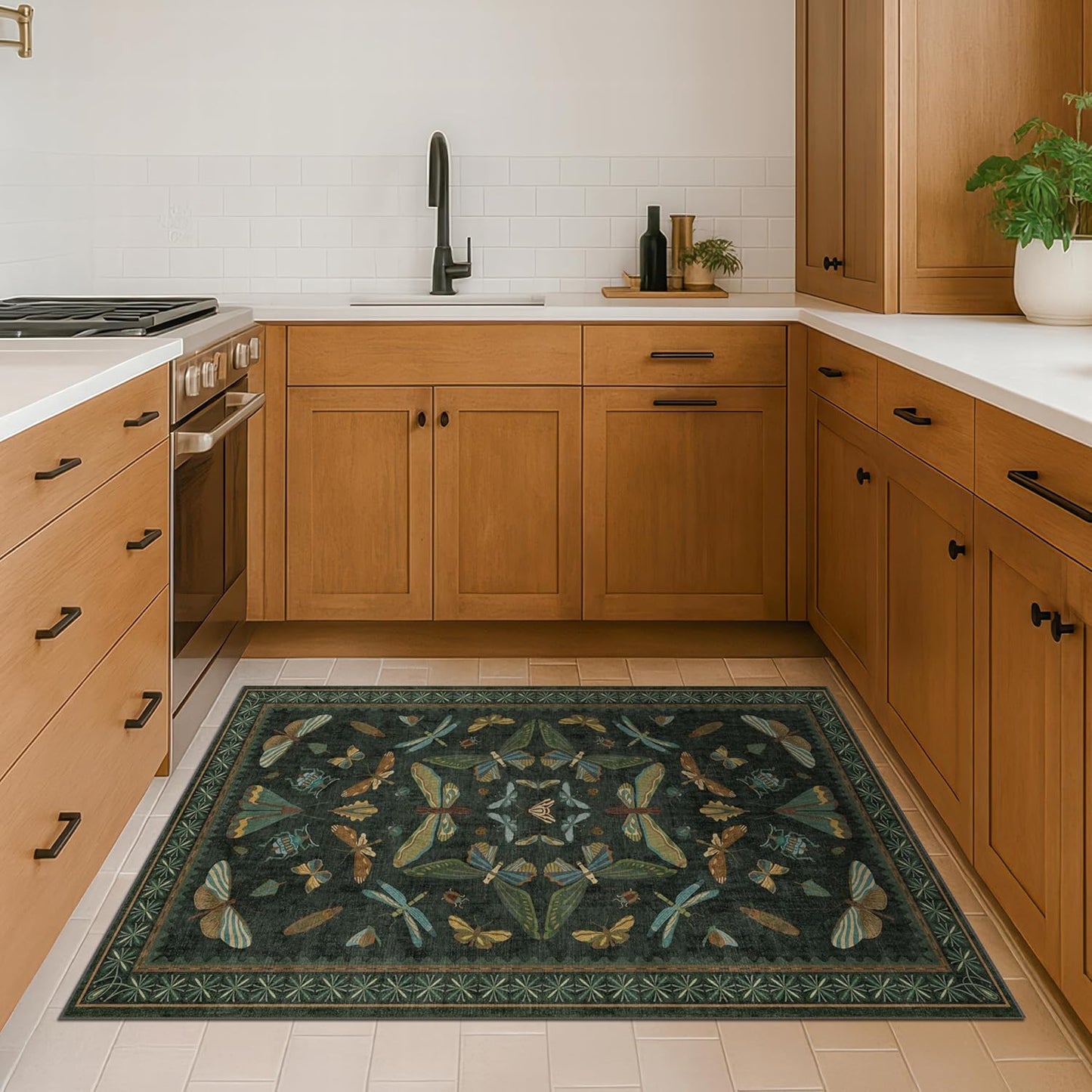 Green and Black Entryway Rug - 3x5 Throw Rug for Large Kitchen, Entry Way, Mudroom, Dark Unique
