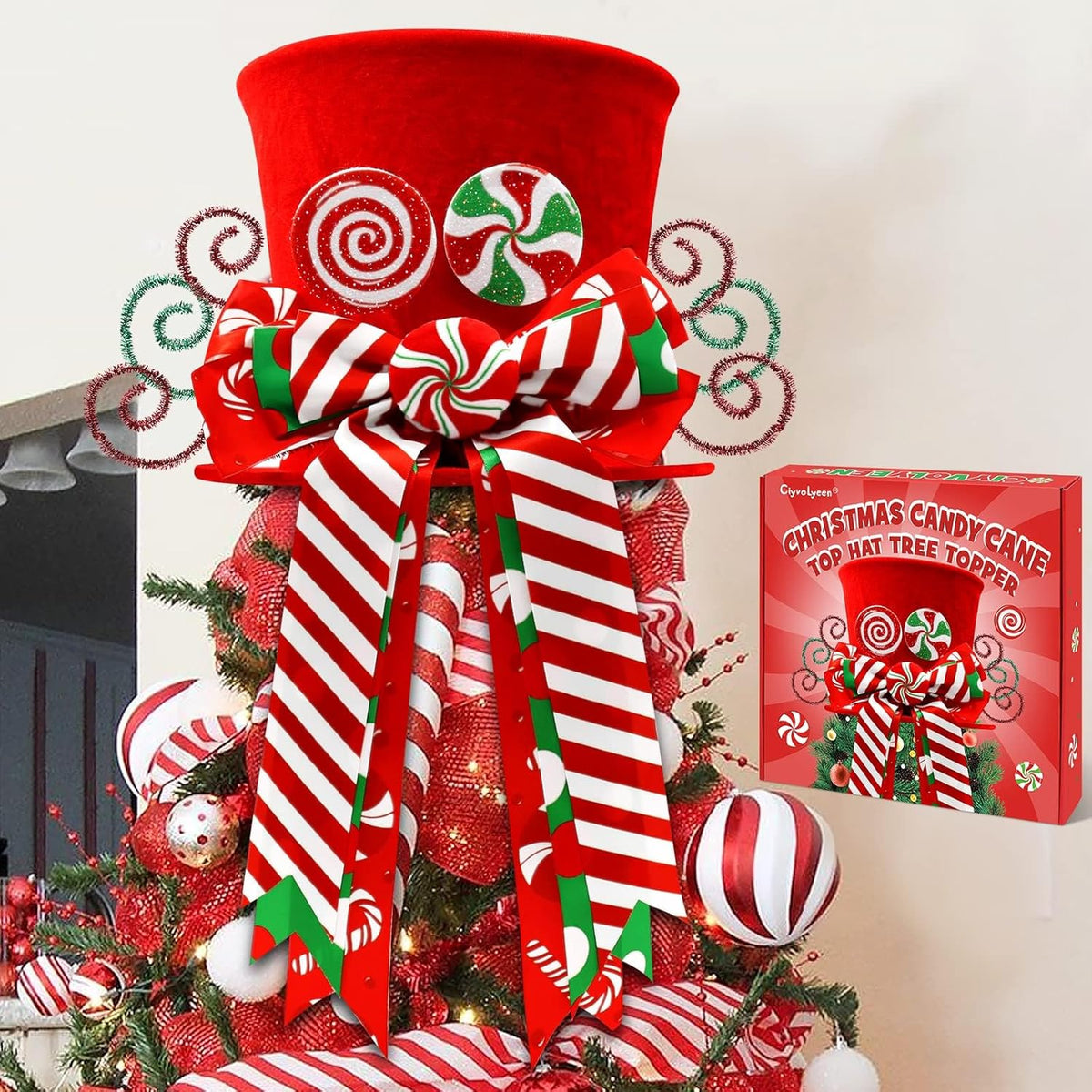 Christmas Candy Canes Tree Topper Red Hat with Peppermint Bows Ornament Winter Lollipop Holiday