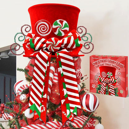 Christmas Candy Canes Tree Topper Red Hat with Peppermint Bows Ornament Winter Lollipop Holiday