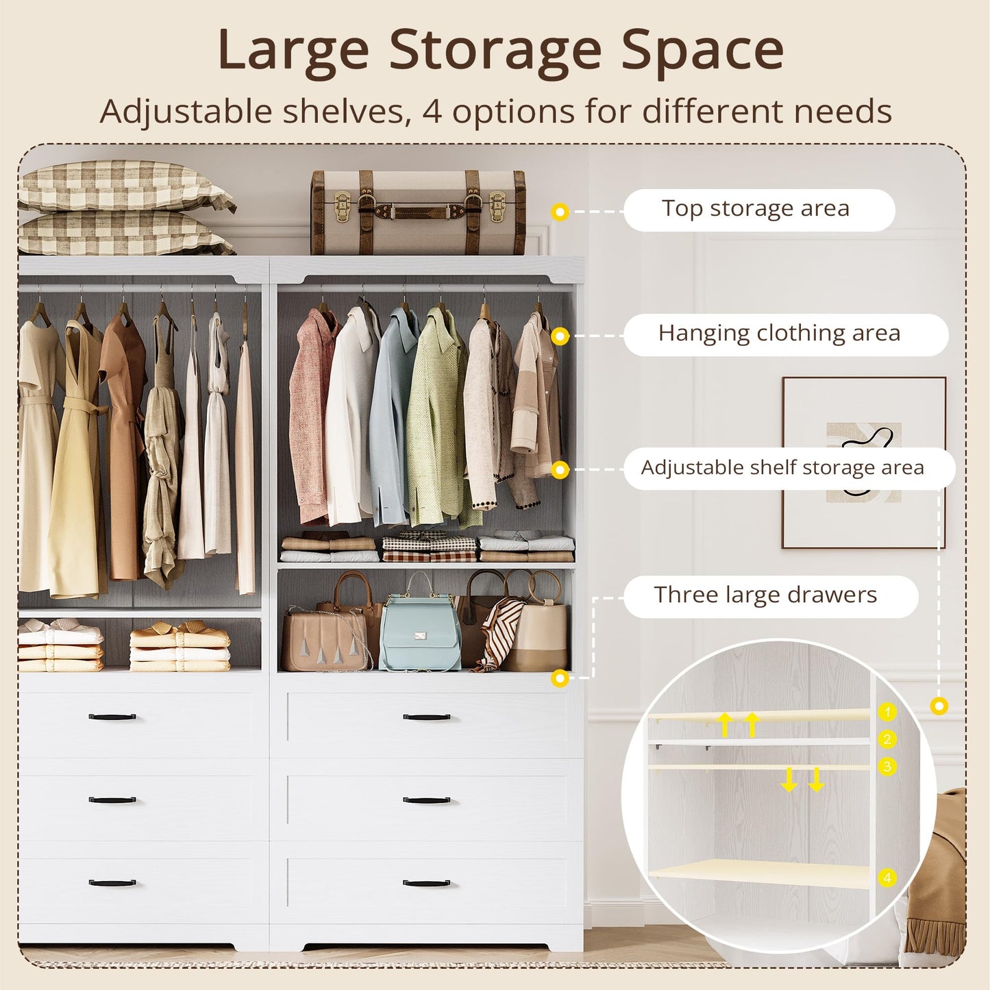 IRONCK Freestanding Closet System with Adjustable Shelves & 3 Drawers