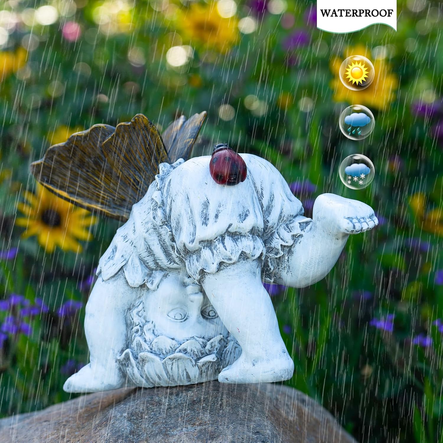 Garden Flower Fairy Outdoor Solar Decor, Resin Ornaments for Patio Lawn Yard Porch, Playful Garden