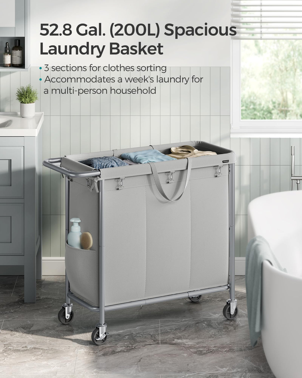 SONGMICS Laundry Basket with Wheels, 3-Section Rolling Laundry Hamper, 52.8 Gallons (200 L)