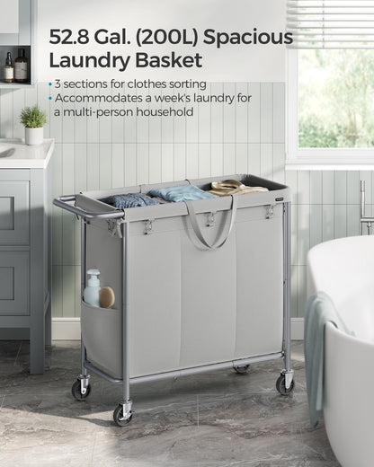 SONGMICS Laundry Basket with Wheels, 3-Section Rolling Laundry Hamper, 52.8 Gallons (200 L)