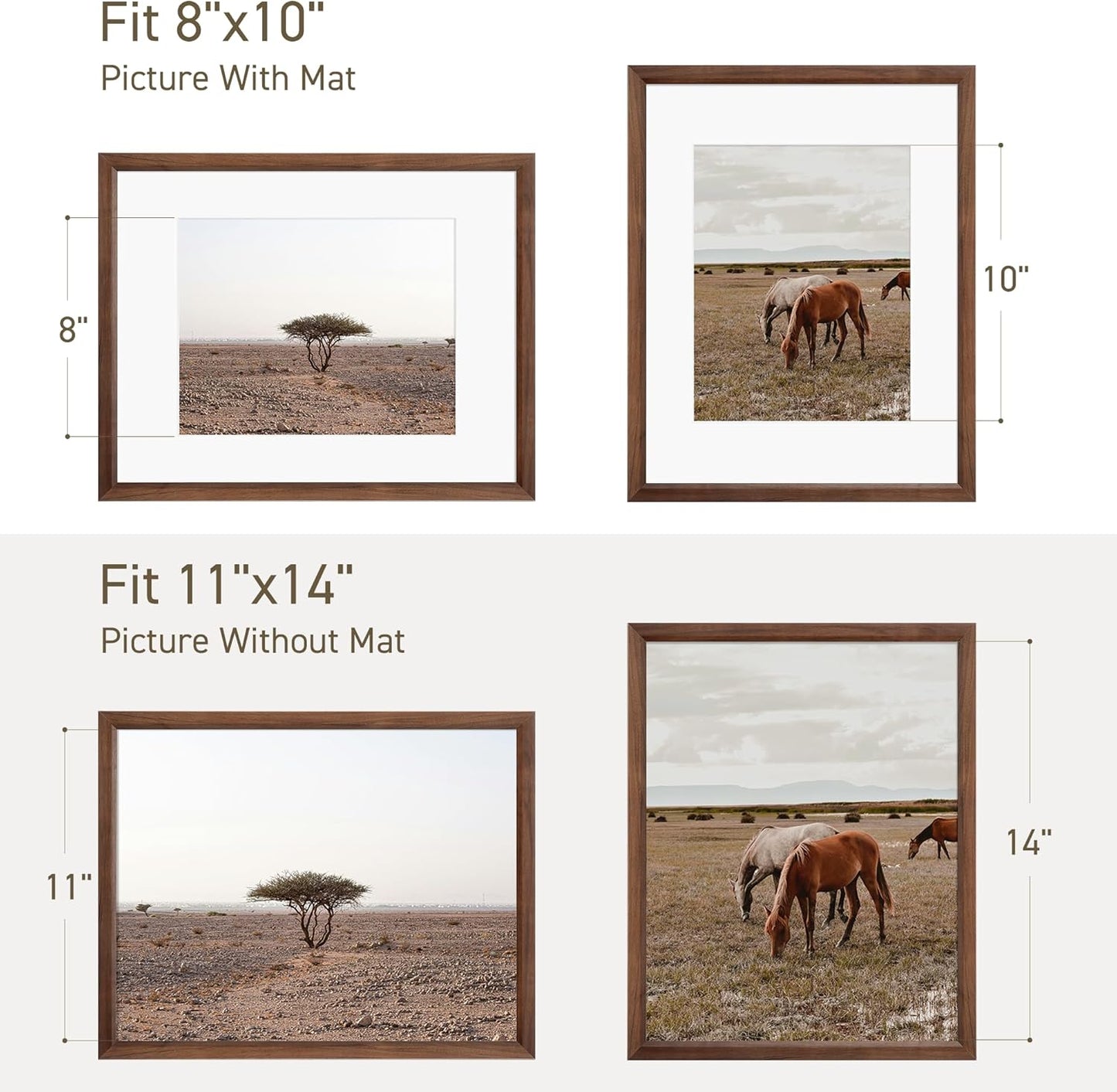 11x14 Picture Frame Natural Solid Walnut Photo Frames with 8x10 Removable Mat Wall Hanging Large