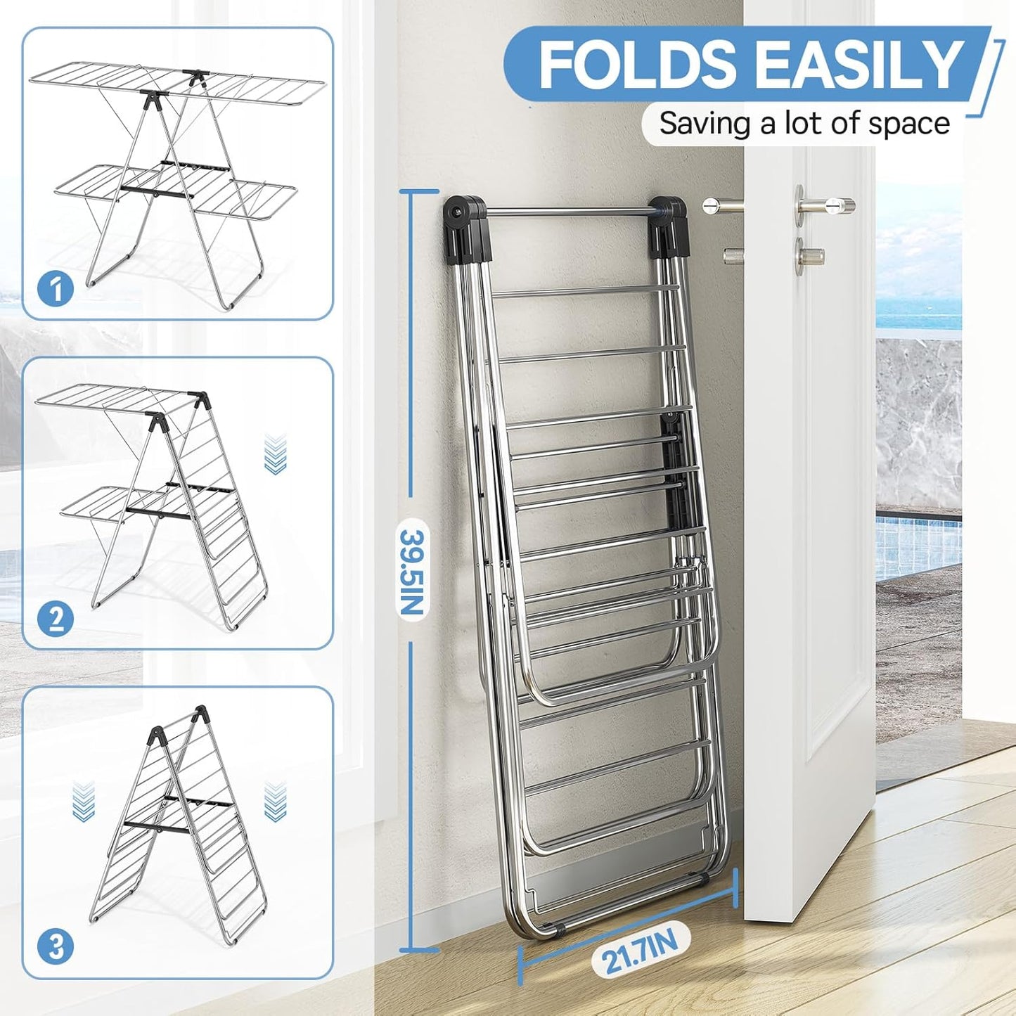 APEXCHASER Clothes Drying Rack with 4 Wings, Drying Rack Clothing with Height-Adjustable, Foldable
