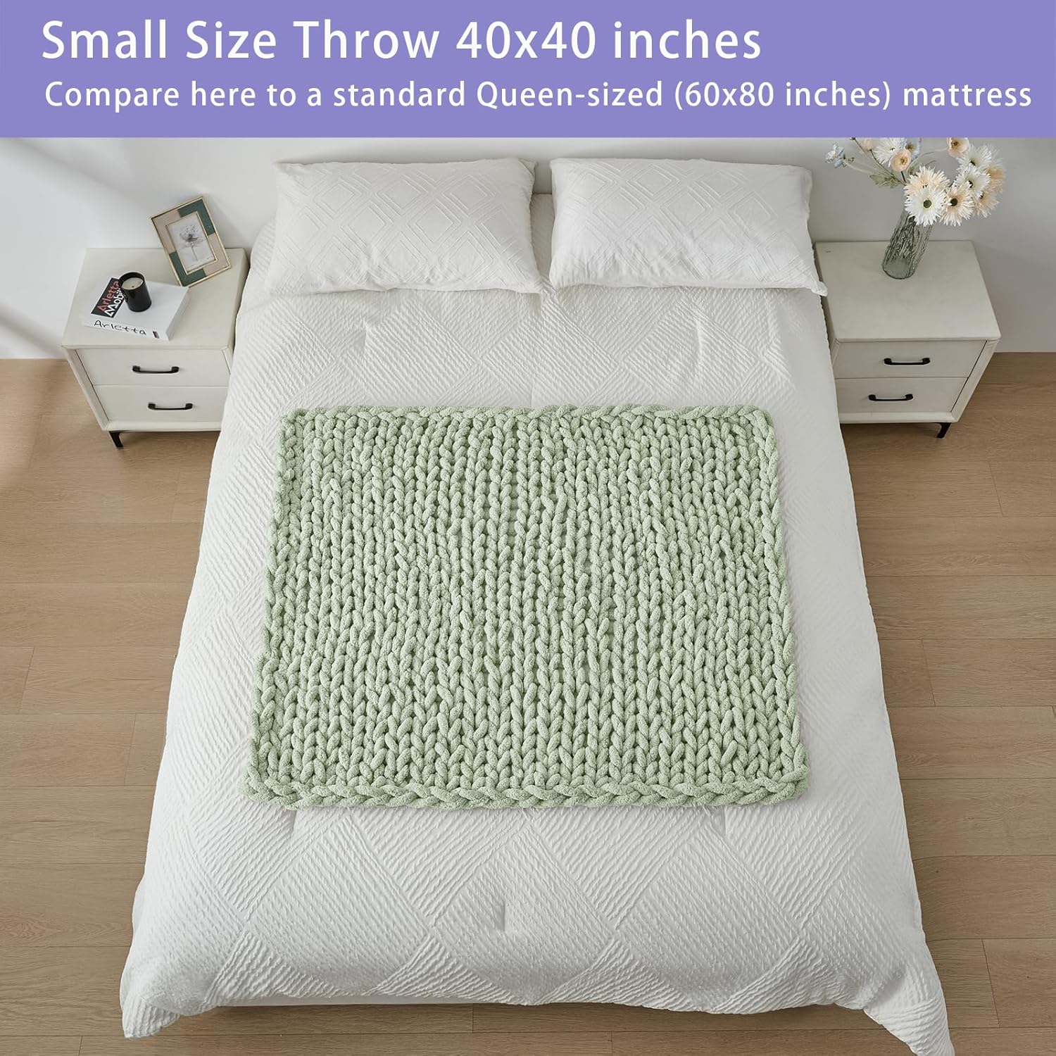 Bigacogo Chunky Knit Throw Blanket for Couch, 40x40 inches, 100% Hand Knitted with Thick Jumbo
