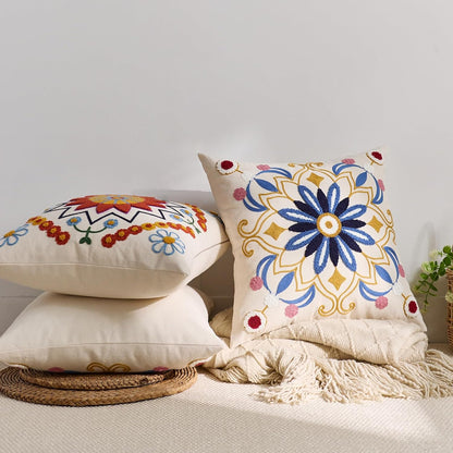 Embroidered Throw Pillow Cover 18x18 Classic Boho Floral Pattern Pillows Cover Outdoor Decorative