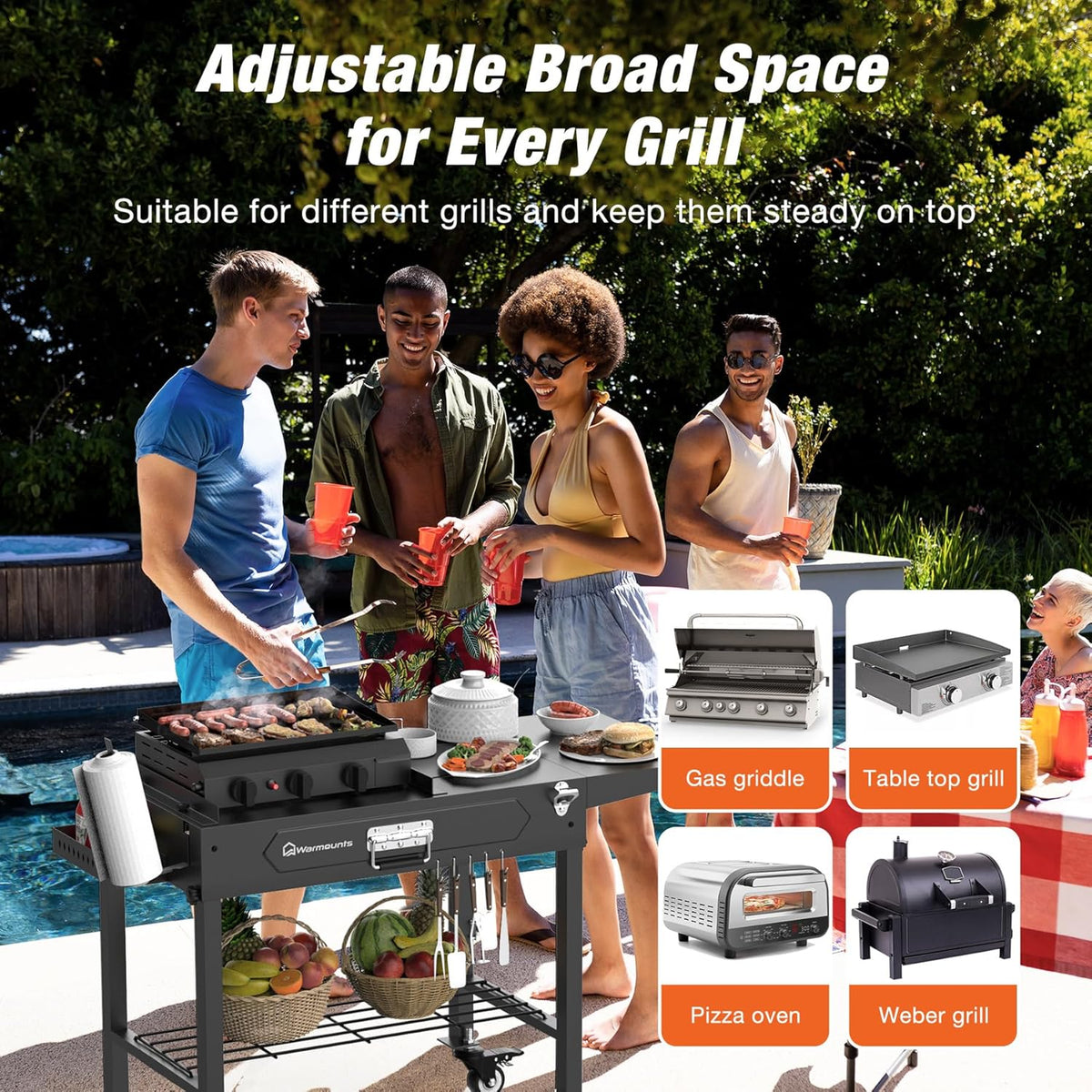 Grill Table for Outside, Portable Folding Grill Cart with Wheels and Adjustable Tabletop, 400 Lbs