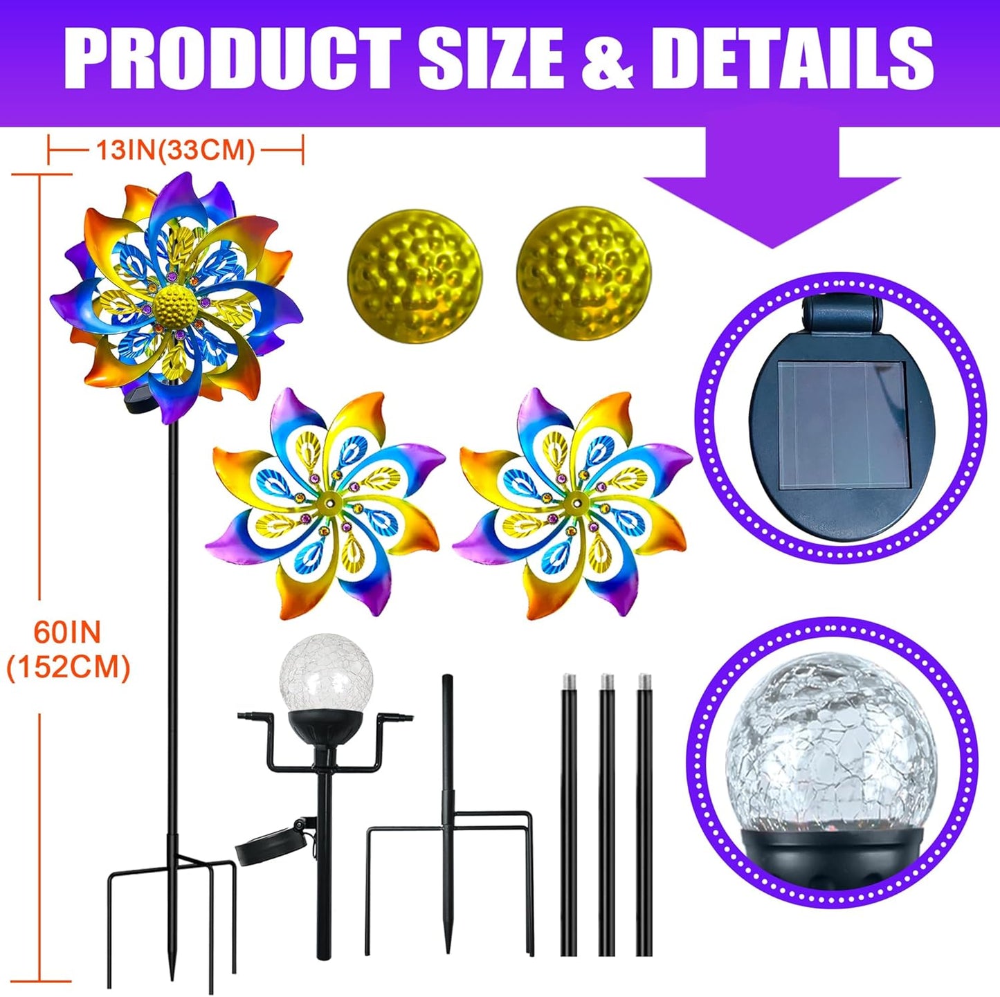 60 Inch Solar Wind Spinner Outdoor - Double-Sided Rotating Colorful Kinetic Wind Spinners for