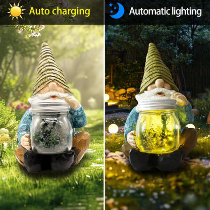 Solar Firefly Jar Gnome Waterproof- Large Garden Gnome Funny Solar Outdoor LED Lights Resin Statues