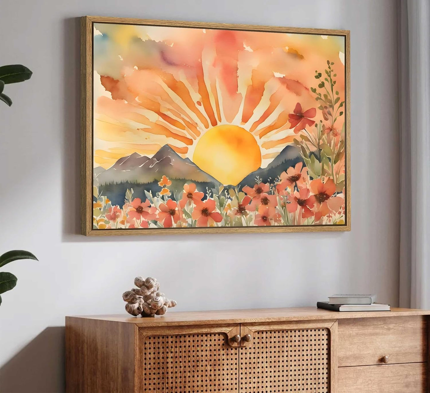 Framed Boho Sun Canvas Wall art Mid-Century Modern Abstract Bohemian Sunset in The Mountains