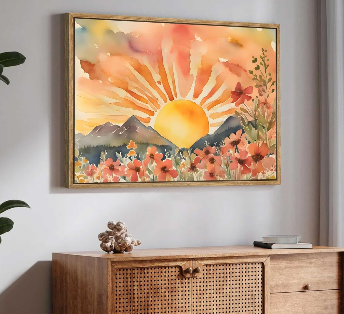 Framed Boho Sun Canvas Wall art Mid-Century Modern Abstract Bohemian Sunset in The Mountains