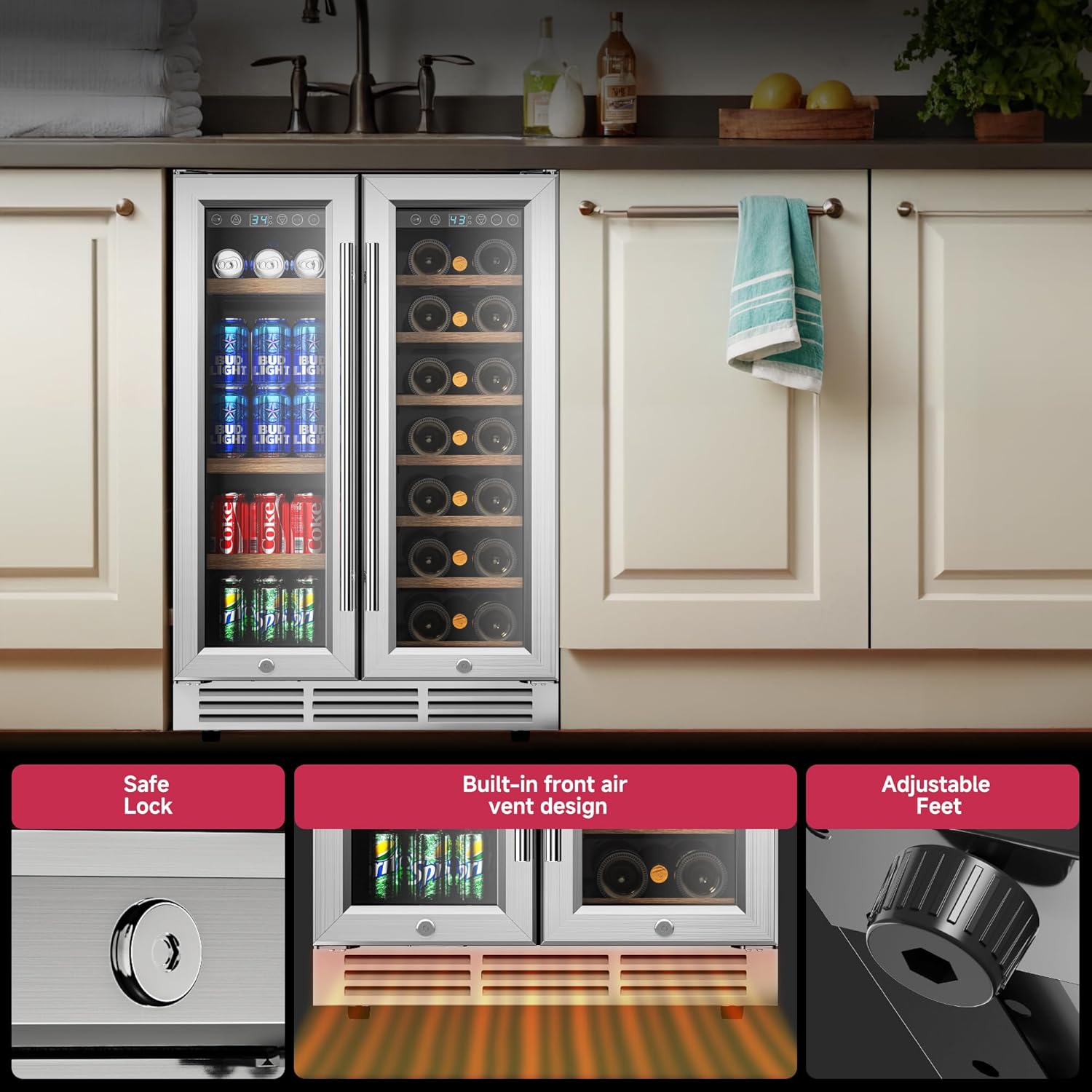 24" Wine and Beverage Refrigerator, Dual Zone Wine Cooler with Glass Door, Hold 88 Cans & 21