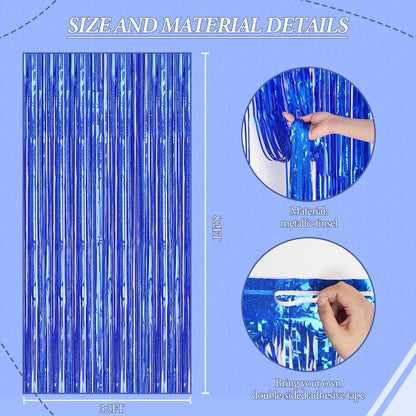 3 Pack Foil Fringe Backdrop - Laser Royal Blue Shiny Tinsel Curtains for Party Decoration/Photo