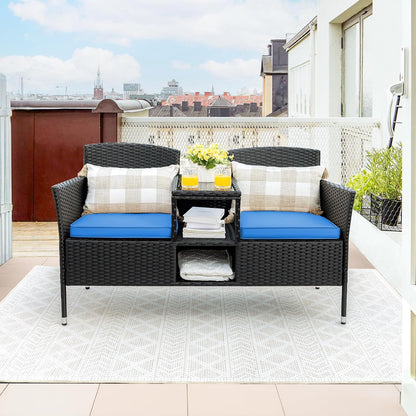 Flamaker Outdoor Furniture Patio Loveseat Wicker 2-Seat with Built-in Table and Cushions Rattan