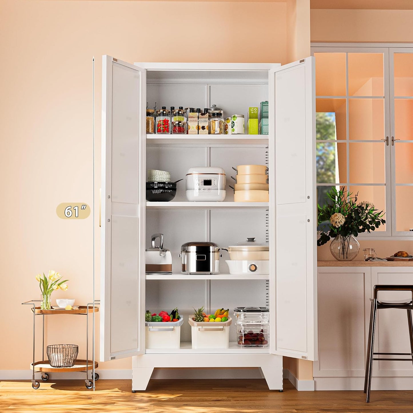 61" Tall Farmhouse Metal Pantry Cabinet, Kitchen Pantry Storage Cabinets with 2 Barn Door and