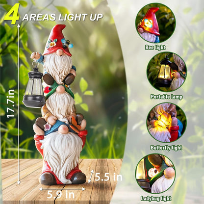 17 in Large Garden Gnome Statue with Solar Lights Sculptures Funny Triple Big Gnome Outdoor Patio