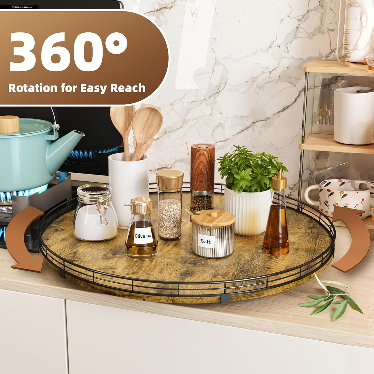 Lazy Susan Turntable Organizer for Table Top, 21’’ Round Wooden Lazy Susan for Cabinet Kitchen