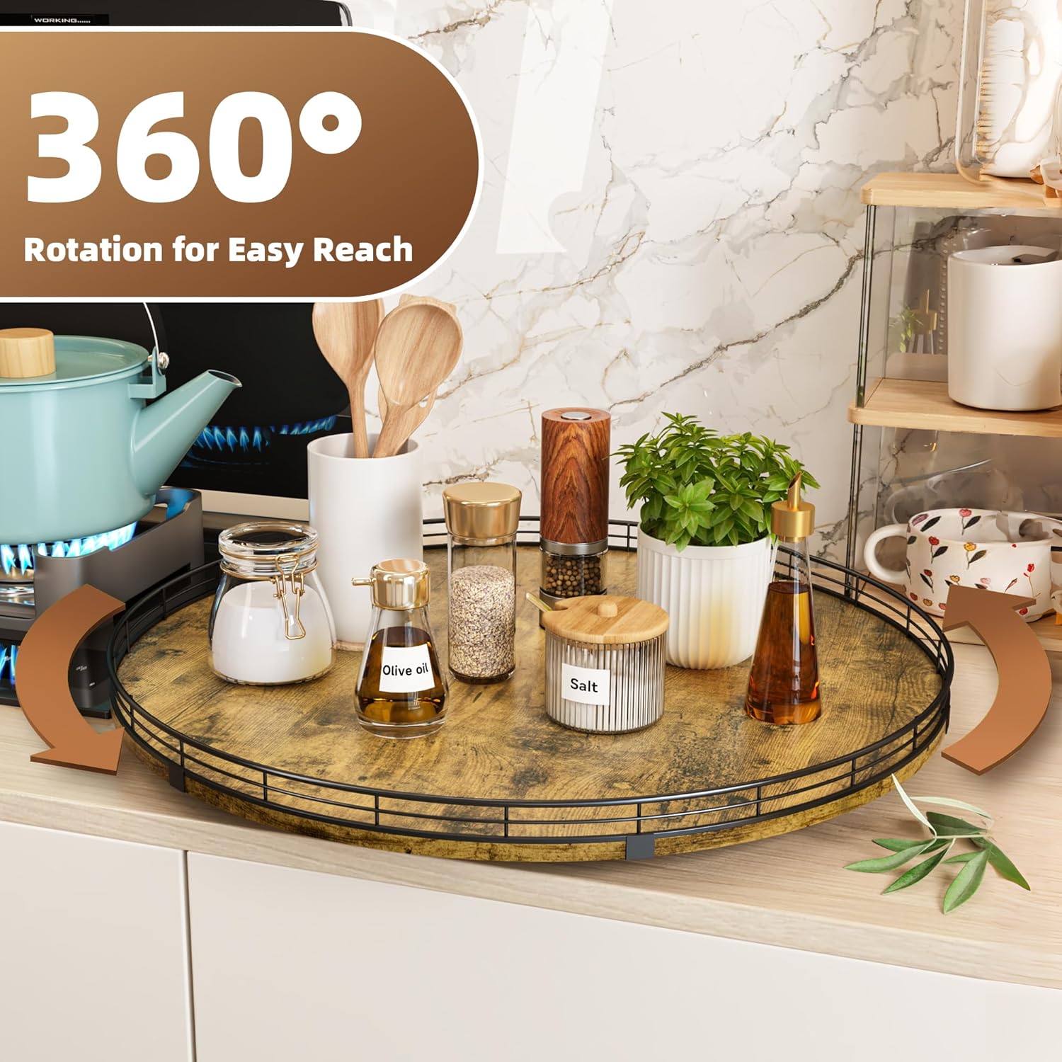 Lazy Susan Turntable Organizer for Table Top, 21’’ Round Wooden Lazy Susan for Cabinet Kitchen