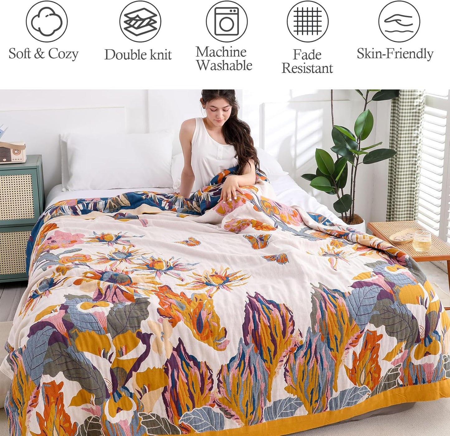 Snycler Boho Throw Blanket for Bed - 100% Cotton Ultra Soft Rustic Quilt - Watercolour Floral