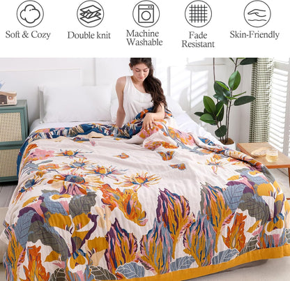 Snycler Boho Throw Blanket for Bed - 100% Cotton Ultra Soft Rustic Quilt - Watercolour Floral