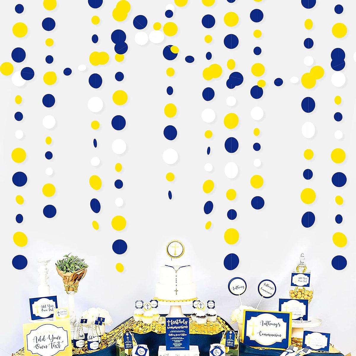 46Ft Navy Blue and Yellow Circle Dots Garland Royal Blue Yellow White Hanging Paper Polka Dot