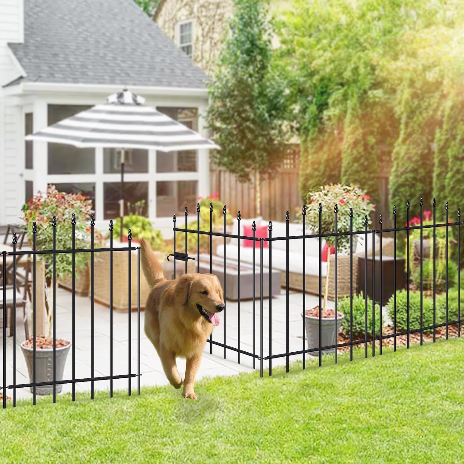 Metal Garden Fence with Gate 32 in H x 12 ft L, 1 Gate + 5 Panels Border Dog Fence Panels Animal