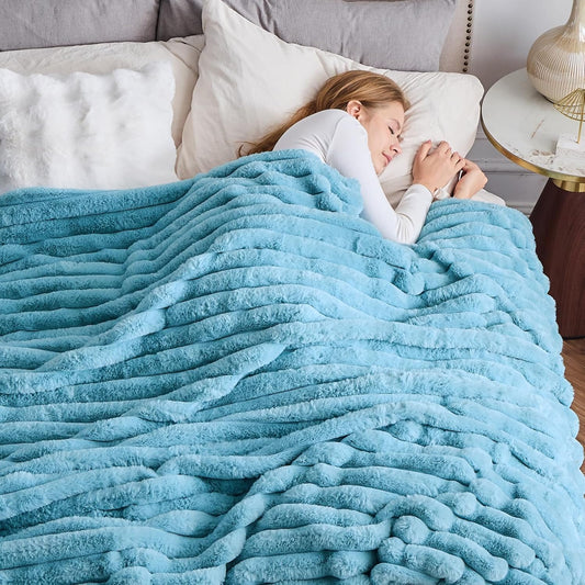 NEWCOSPLAY Faux Fur Twin Blanket Blue 3D Ribbed Plush Thick Warm Blanket for Couch Sofa Bed 850GSM