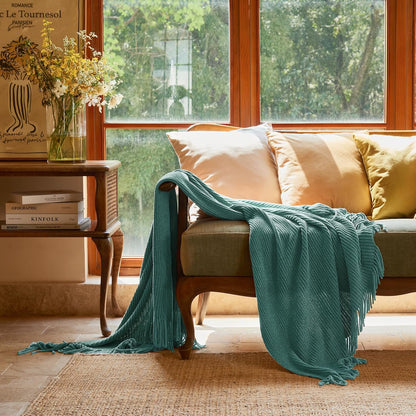lifein Throw Blanket for Couch, Soft Boho Decor Bed Throw,Cozy Blue Chenille Knitted Small