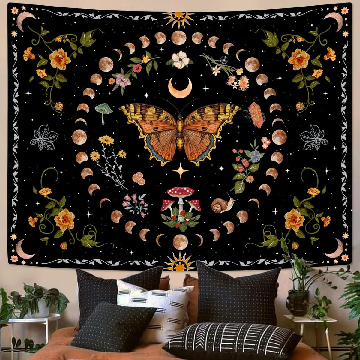 Aipon Orange Butterfly Moon Flower Tapestry Botanical Floral Plant Boho Tapestry for Bedroom