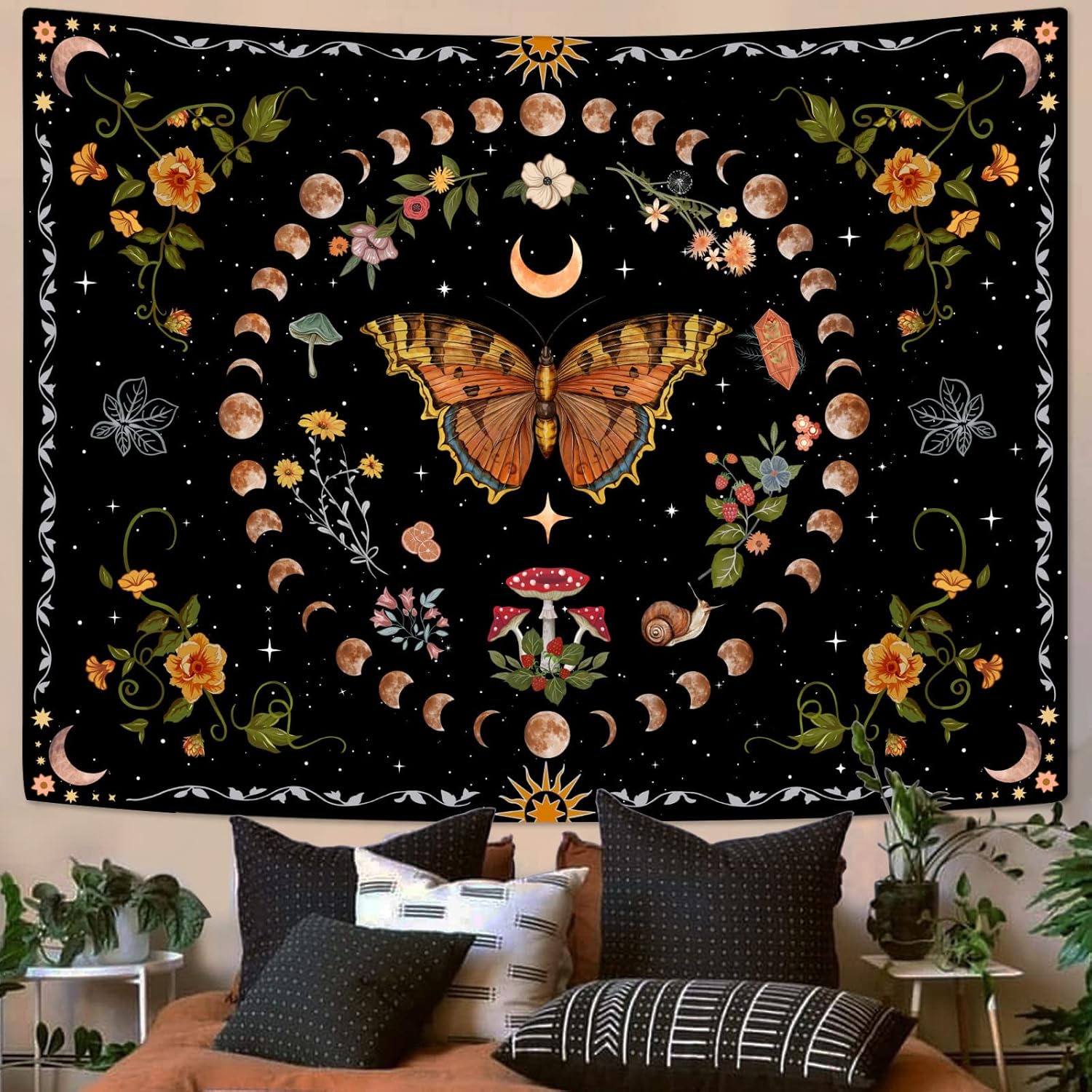 Aipon Orange Butterfly Moon Flower Tapestry Botanical Floral Plant Boho Tapestry for Bedroom