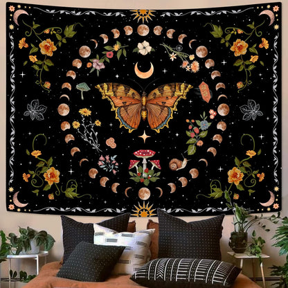 Aipon Orange Butterfly Moon Flower Tapestry Botanical Floral Plant Boho Tapestry for Bedroom