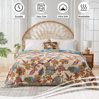 100% Muslin Throw Blanket for Couch, Butterfly and Floral Double Embroidery Fall Throw Blanket