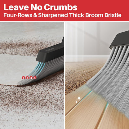 JOYMOOP Black and Red Broom and Dustpan Set, Upright Angle Design with Built-in Comb Teeth for
