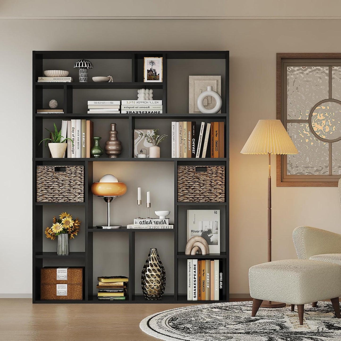 71” Tall Open Black Bookcase with Baskets, Free-Standing 6-Tier Wooden Display Storage Bookshelves