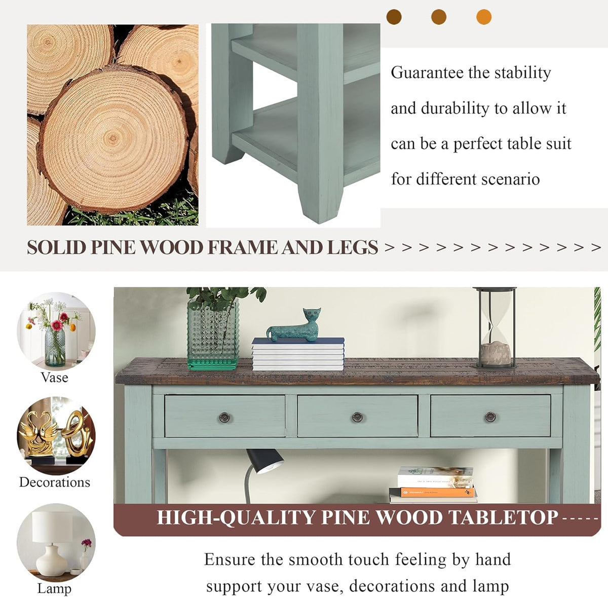 Solid Wood Console Table Sofa Table with Storage Drawers and Bottom Shelf Entryway Table for Entry