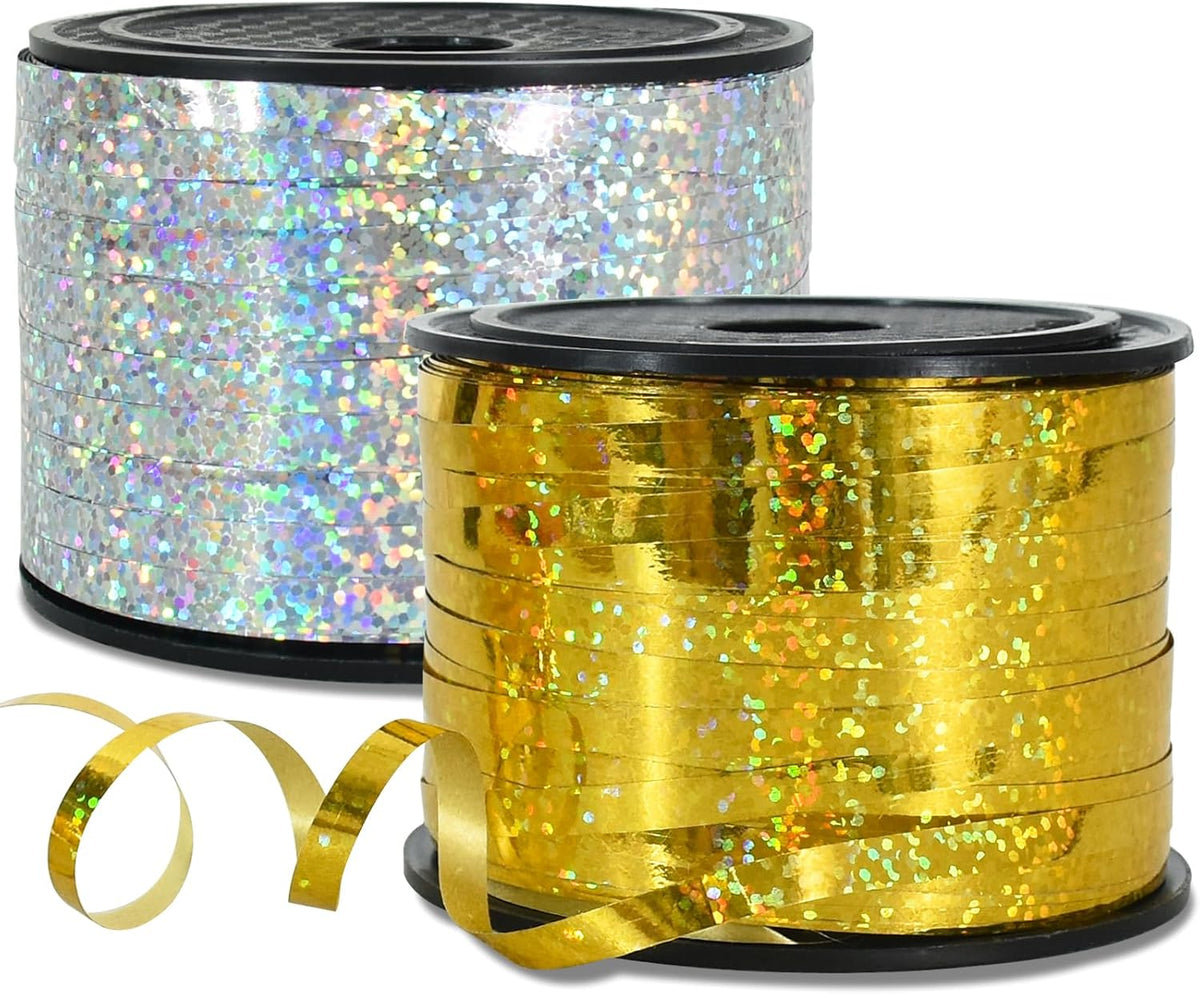BEISHIDA 2 Pack 100 Yards Gold Silver Glitter Ribbon Balloon String Shiny Metallic for Gift