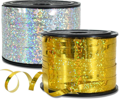 BEISHIDA 2 Pack 100 Yards Gold Silver Glitter Ribbon Balloon String Shiny Metallic for Gift