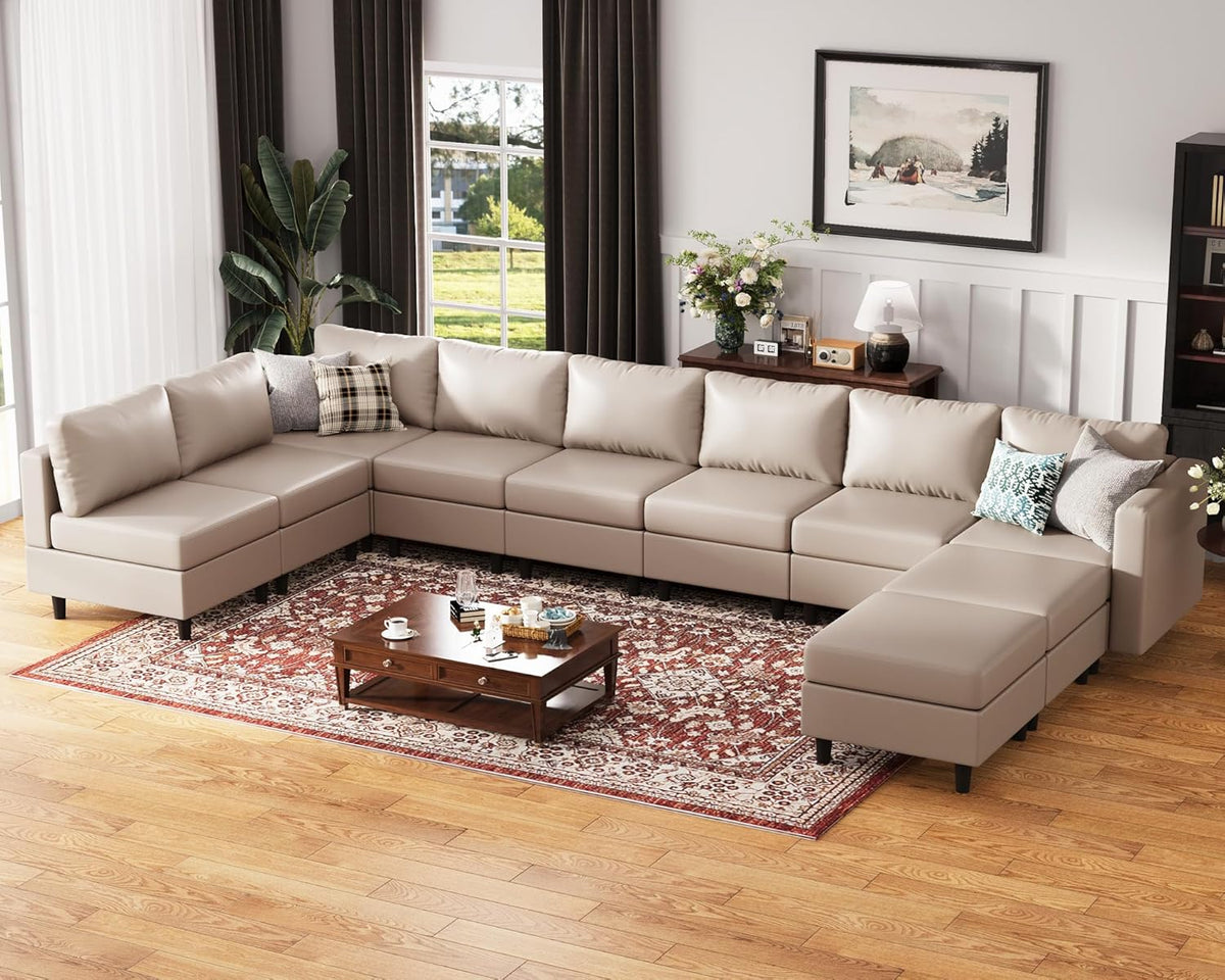 Oversized 172.5" Faux Leather Modular Sectional Sofa, Modern Large 10 Seater U Shaped Couch with