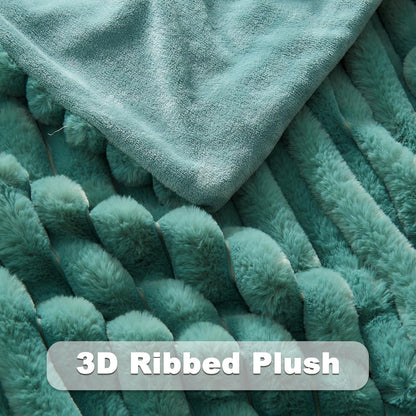 NEWCOSPLAY Faux Fur Throw Blanket Light Teal 3D Ribbed Plush Thick Warm Blanket for Couch Sofa Bed
