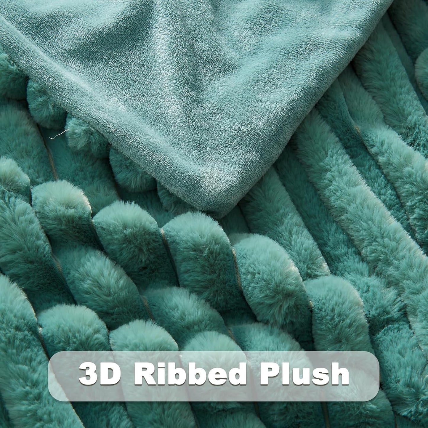 NEWCOSPLAY Faux Fur Twin Blanket Light Teal 3D Ribbed Plush Thick Warm Blanket for Couch Sofa Bed