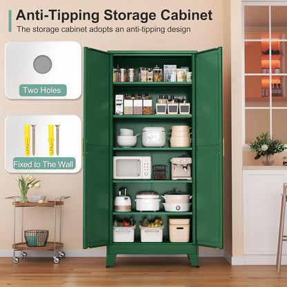 Metal Pantry Cabinet with 2 Doors and 5 Adjustable Shelves, 75" Kitchen Storage Cabinet with Gold