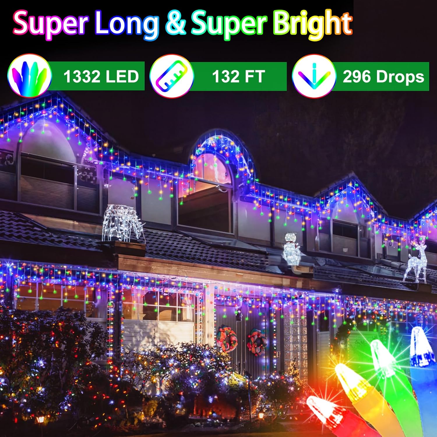 132FT 1332 LED Outdoor Christmas Lights - 296 Ice Drops, 12 Pro Modes with Timer Memory &