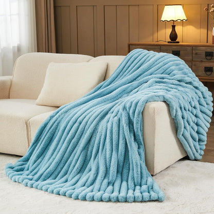 NEWCOSPLAY Faux Fur Throw Blanket Blue 3D Ribbed Plush Thick Warm Blanket for Couch Sofa Bed 850GSM