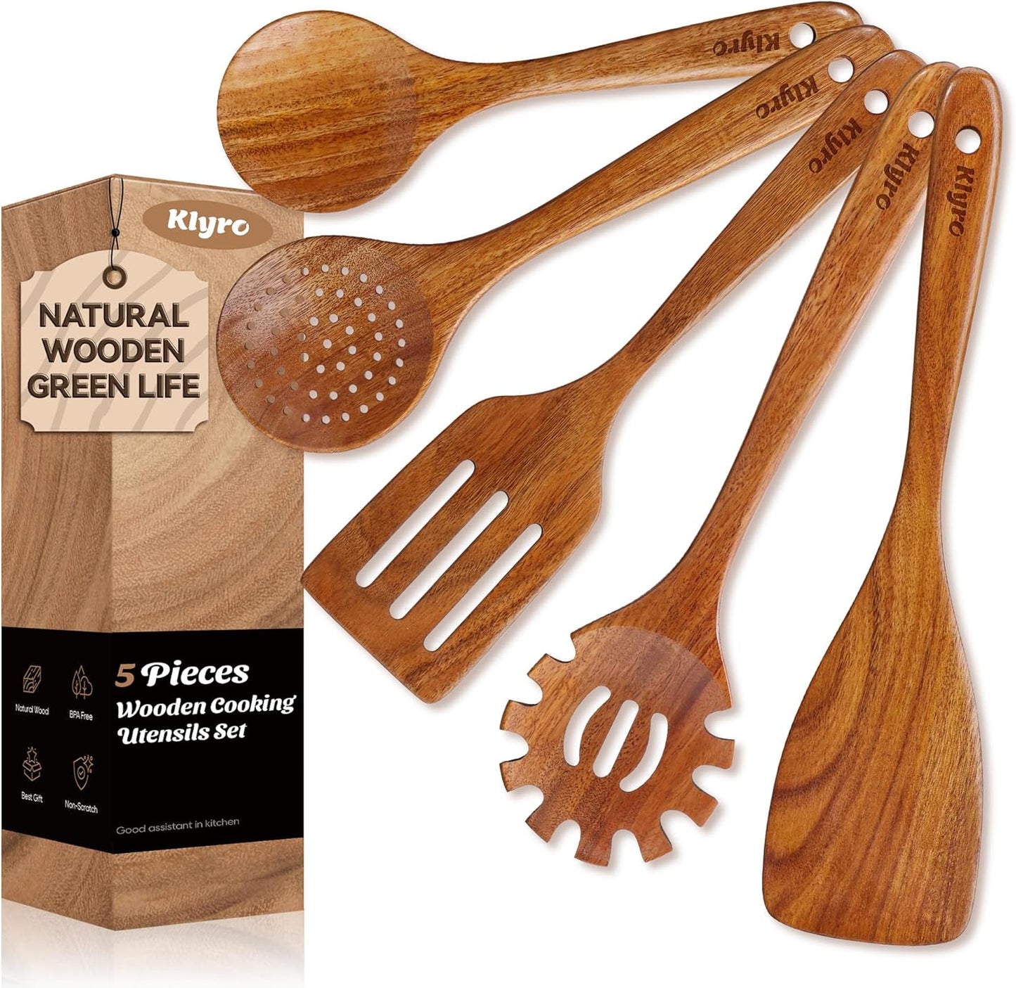 Teak Kitchen Utensils Set, 5 Piece Premium Wooden Cooking Utensils Set, Non-Stick Heat-Resistant