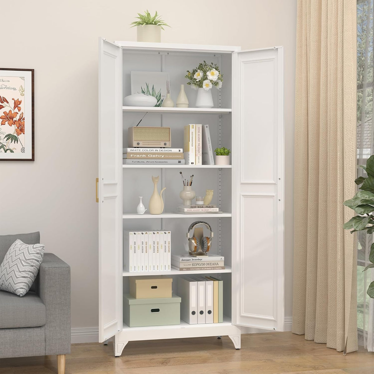 Kitchen Pantry Cabinet,75”White Metal Storage Cabinets with Doors and 4 Adjustable Shelves,Kitchen