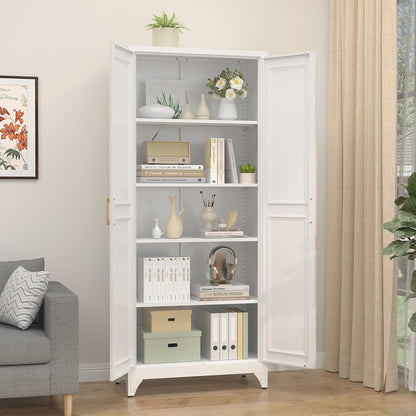 Kitchen Pantry Cabinet,75”White Metal Storage Cabinets with Doors and 4 Adjustable Shelves,Kitchen